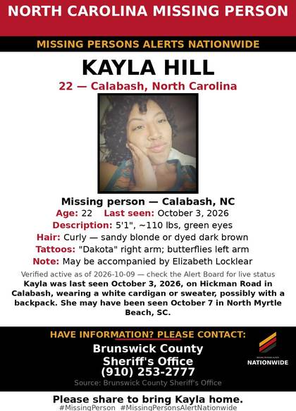 Missing person flyer for Kayla Hill