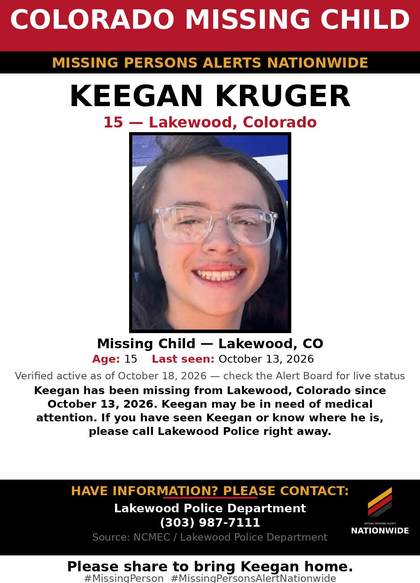 Missing person flyer for Keegan Joseph Kruger