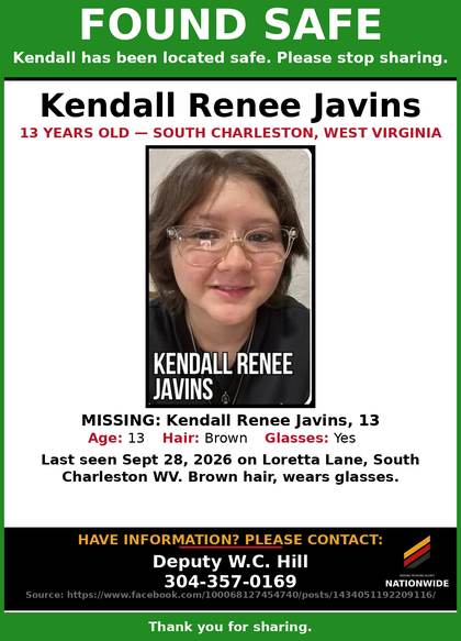 Found safe flyer for Kendall Renee Javins