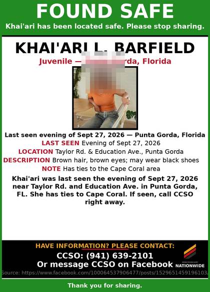 Found safe flyer for Khai'ari L. Barfield