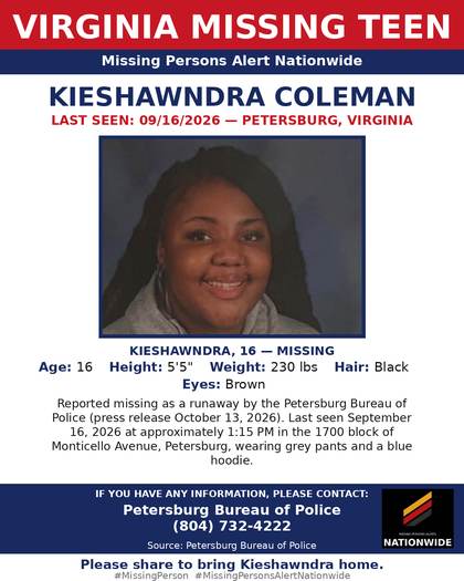 Missing person flyer for Kieshawndra Coleman