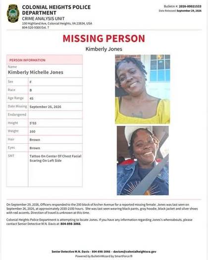 Missing person flyer for Kimberly Michelle Jones