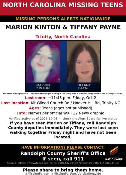 Missing person flyer for Marion Kinton & Tiffany Payne