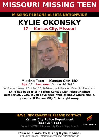 Missing person flyer for Kylie Okonsky