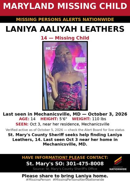 Missing person flyer for Laniya Aaliyah Leathers
