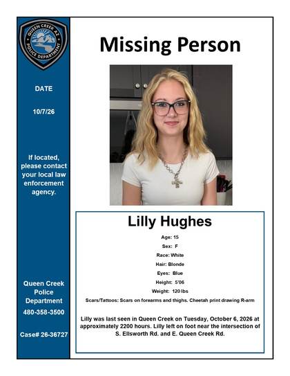 Missing person flyer for Lilly Hughes