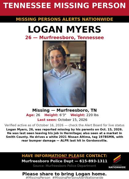 Missing person flyer for Logan Myers