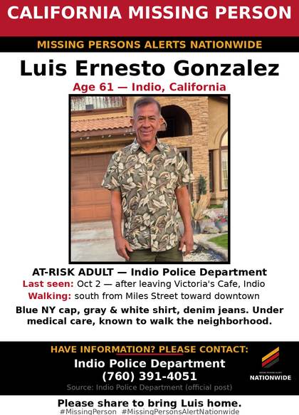 Missing person flyer for Luis Ernesto Gonzalez