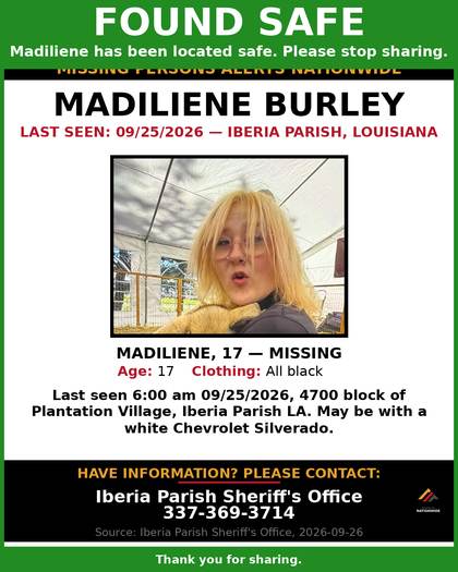 Found safe flyer for Madiliene Burley