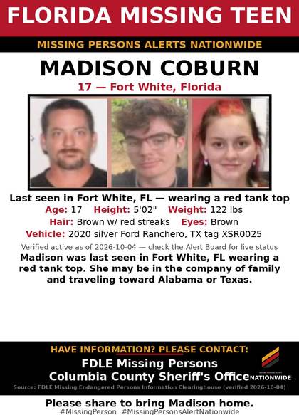 Missing person flyer for Madison Coburn