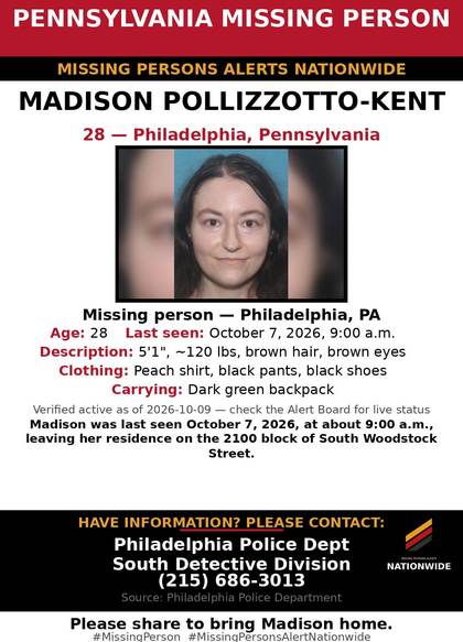 Missing person flyer for Madison Pollizzotto-Kent