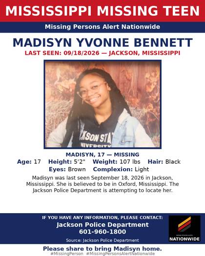 Missing person flyer for Madisyn Yvonne Bennett