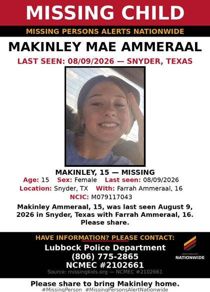 Missing person flyer for Makinley Mae Ammeraal