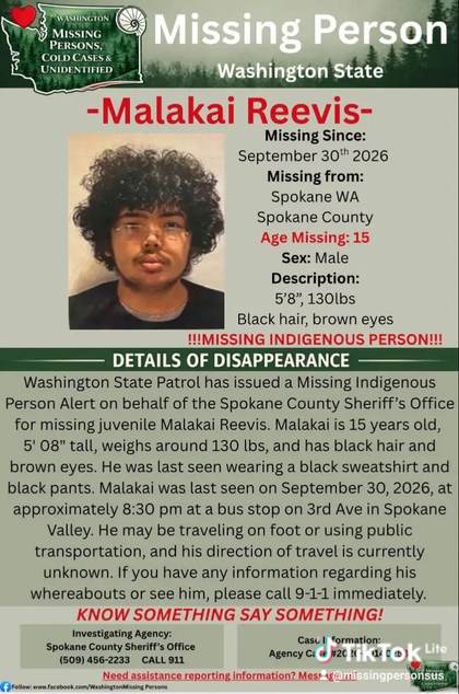 Missing person flyer for Malakai Reevis