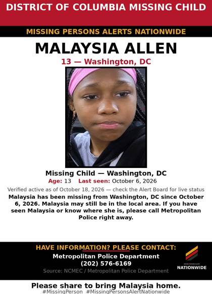Missing person flyer for Malaysia Allen