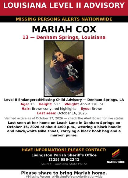 Missing person flyer for Mariah Cox
