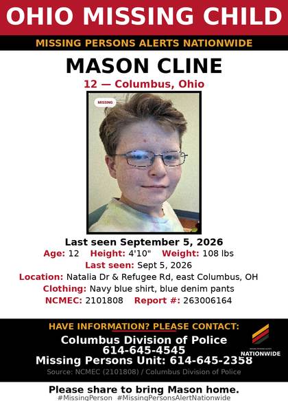 Missing person flyer for Mason Cline