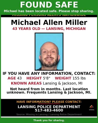 Found safe flyer for Michael Allen Miller