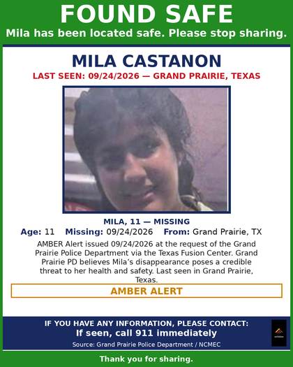 Found safe flyer for Mila Castanon