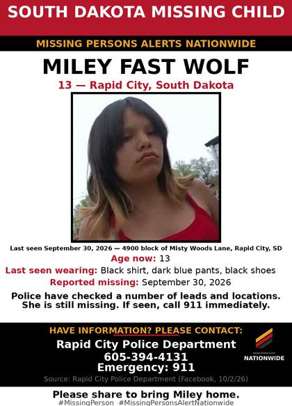 Missing person flyer for Miley Fast Wolf