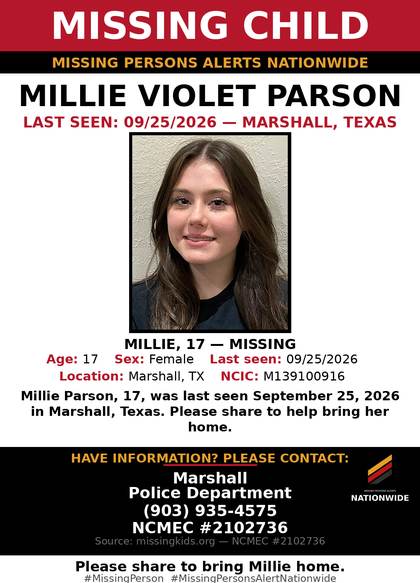 Missing person flyer for Millie Violet Parson