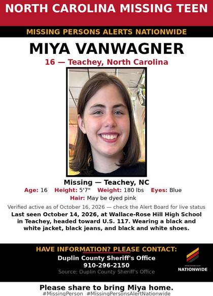 Missing person flyer for Miya Vanwagner