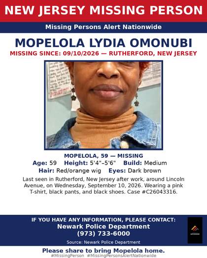 Missing person flyer for Mopelola Lydia Omonubi