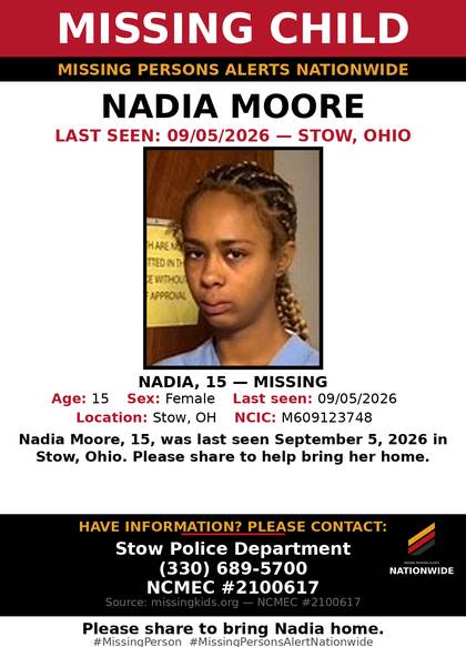 Missing person flyer for Nadia Moore