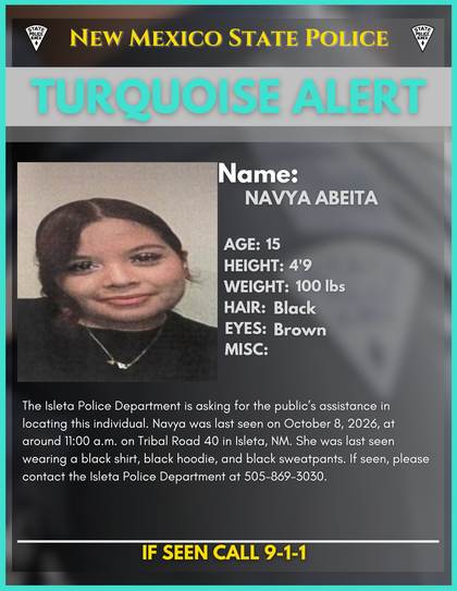 Missing person flyer for Navya Abeita