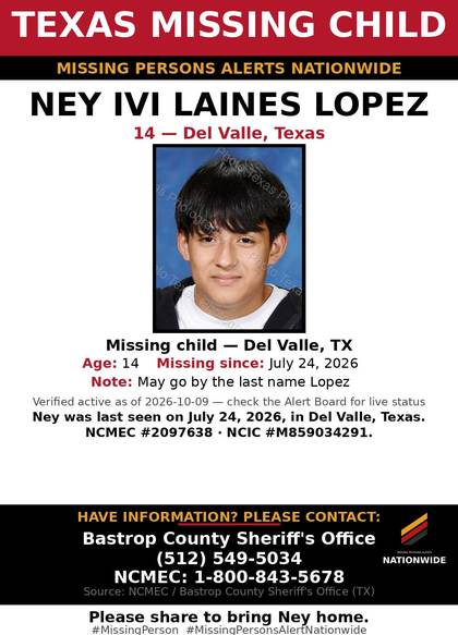 Missing person flyer for Ney Ivi Laines Lopez