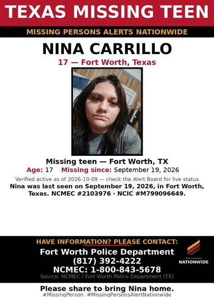 Missing person flyer for Nina Carrillo