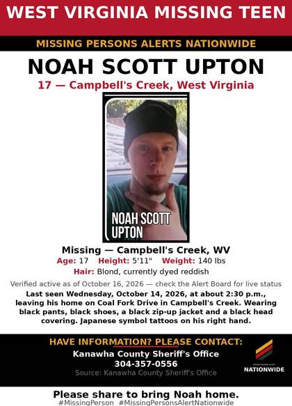 Missing person flyer for Noah Scott Upton
