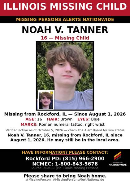 Missing person flyer for Noah V. Tanner