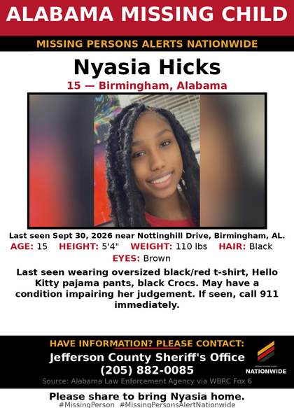 Missing person flyer for Nyasia Hicks