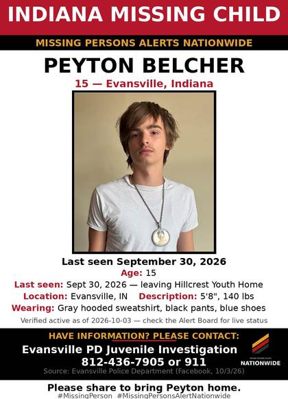 Missing person flyer for Peyton Belcher