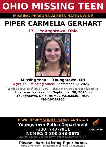 Missing person flyer for Piper Carmelia Gerhart