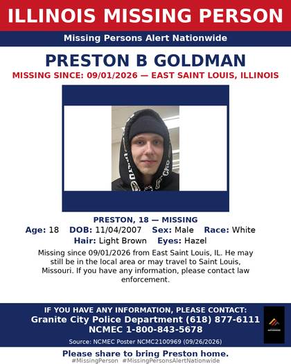 Missing person flyer for Preston B Goldman