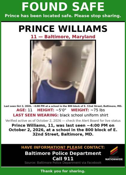 Found safe flyer for Prince Williams