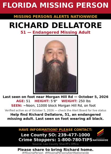 Missing person flyer for Richard Dellatore
