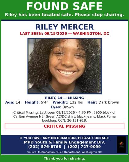 Found safe flyer for Riley Mercer