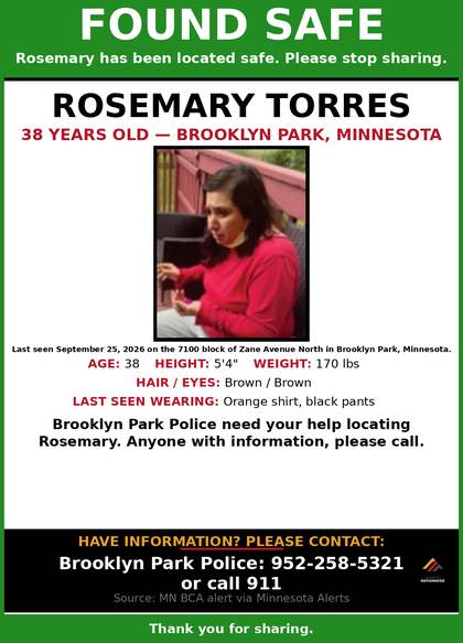 Found safe flyer for Rosemary Torres
