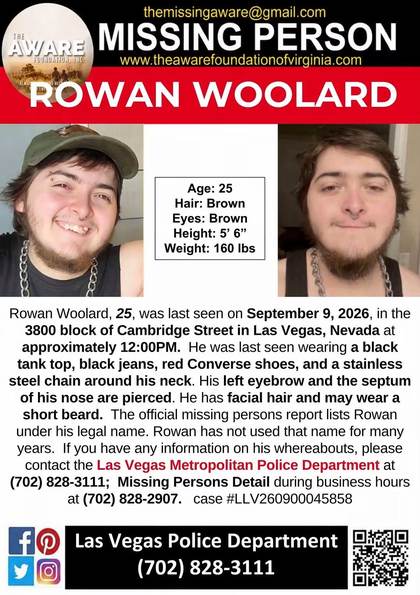 Missing person flyer for Rowan Woolard