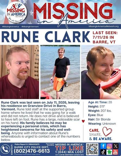 Missing person flyer for Rune Clark