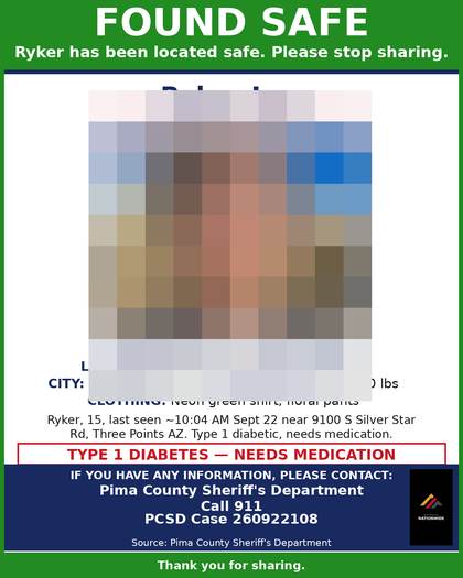 Found safe flyer for Ryker Lee