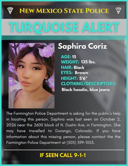 Missing person flyer for Saphira Coriz
