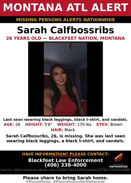 Missing person flyer for Sarah Calfbossribs