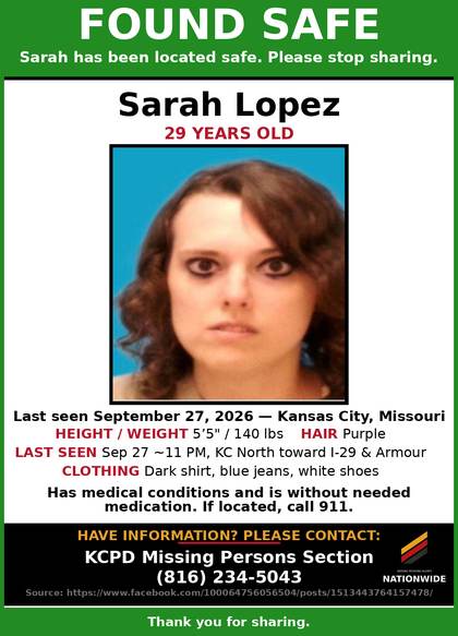 Found safe flyer for Sarah Lopez