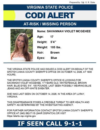 Missing person flyer for Savannah Violet McGehee