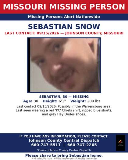 Missing person flyer for Sebastian Snow
