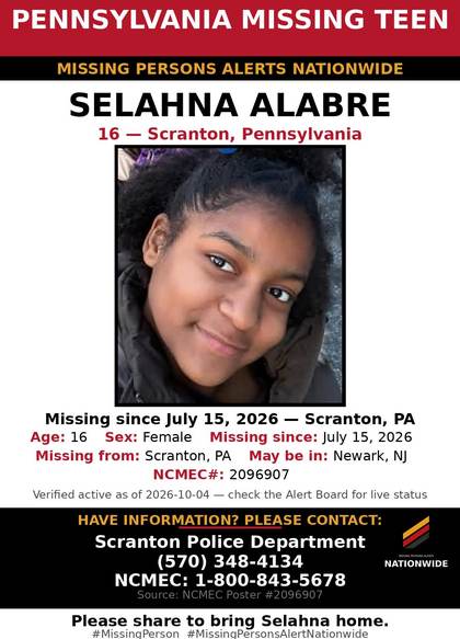 Missing person flyer for Selahna Alabre